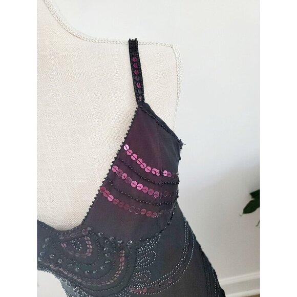 Sue Wong Vintage Black Pink Beaded Sequin Y2K 90s Silk Flapper V-Neck Dress 12 M - Picture 3 of 13